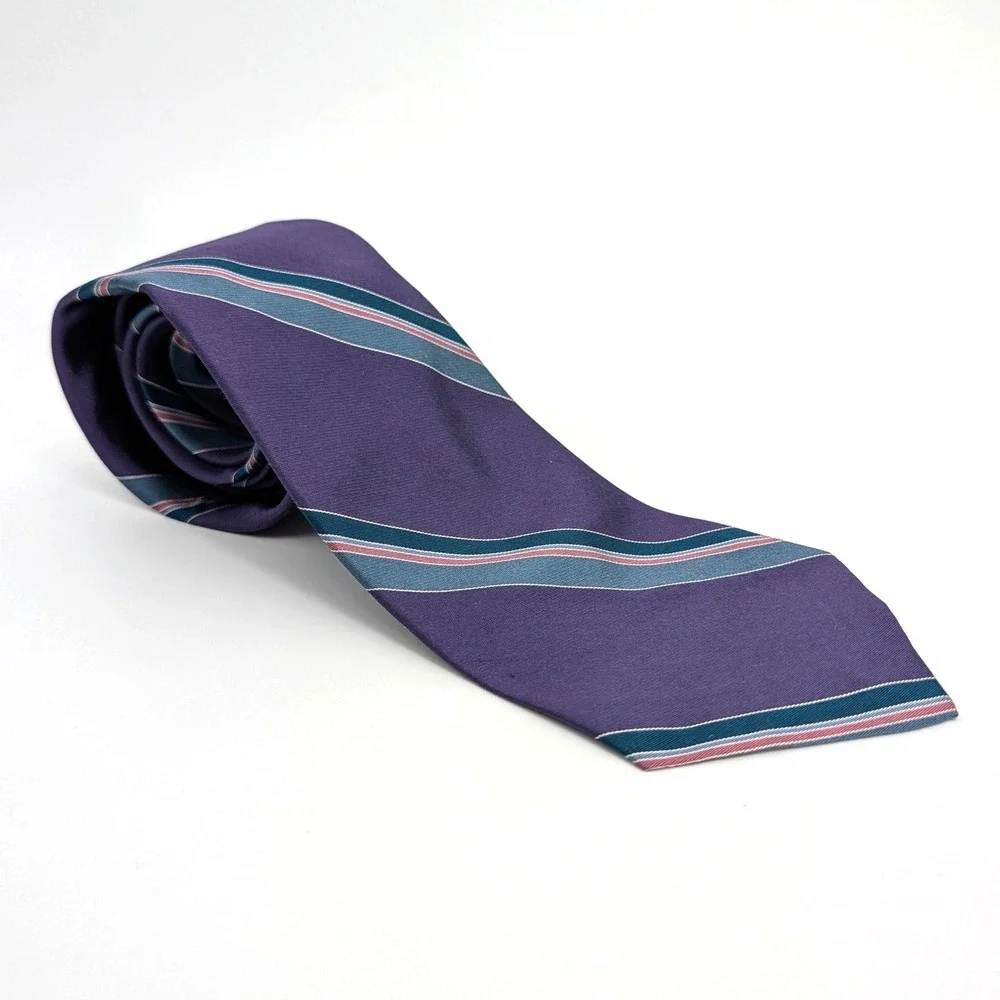 Christian Dior Silk Necktie Purple Teal‎ Pink Striped Vintage Made in USA